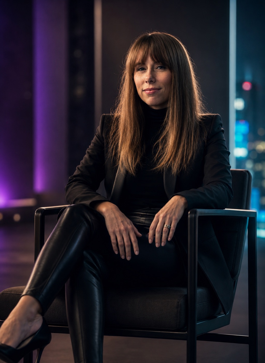 Melanie Dunn — seated with city backdrop