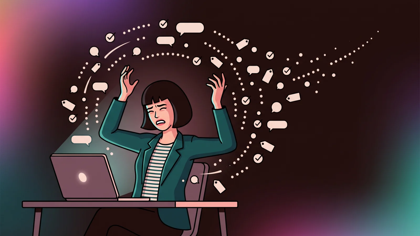 Illustration of a frazzled woman at a laptop late at night, surrounded by a swirling chaos of floating bullet points, checkmarks, and empty speech bubbles