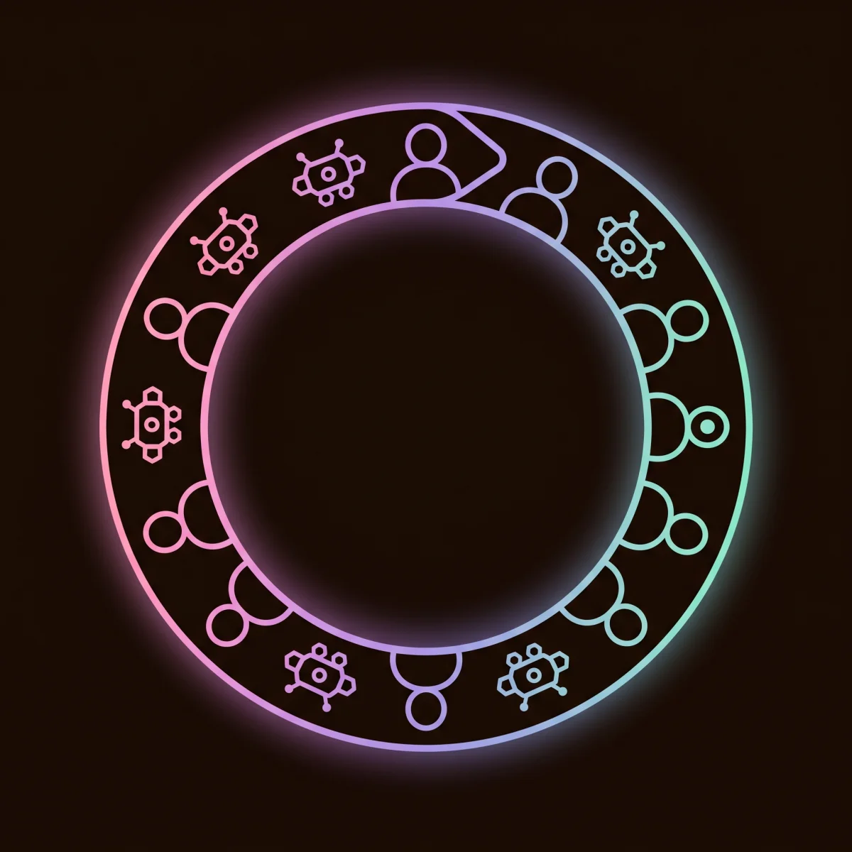 A minimal ouroboros illustration of a ribbon looping into a circle, alternating between a human silhouette and a geometric AI node, in a pink to violet to teal gradient